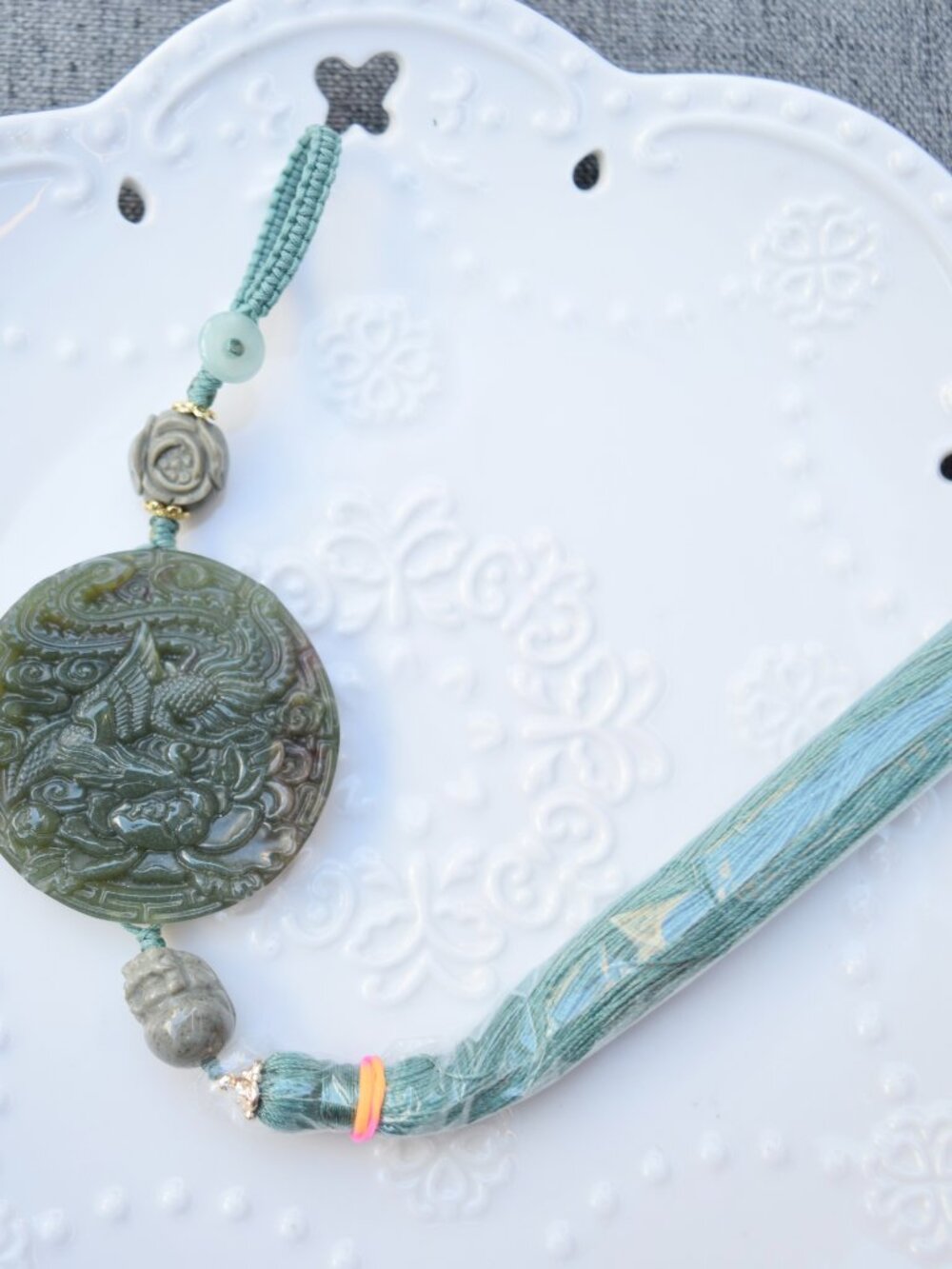 Phoenix Peony Ornament - Bag Charm Keychain Tassel - Green Ocean Jasper